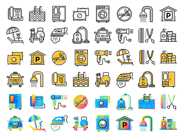 Otel hizmetleri doğrusal simgeler koleksiyonu. Modern anahat simgeleri 