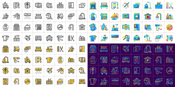 線形の大きいアイコンは、ホテル サービスをセットします。概要アイコンを印刷します。, — ストック写真