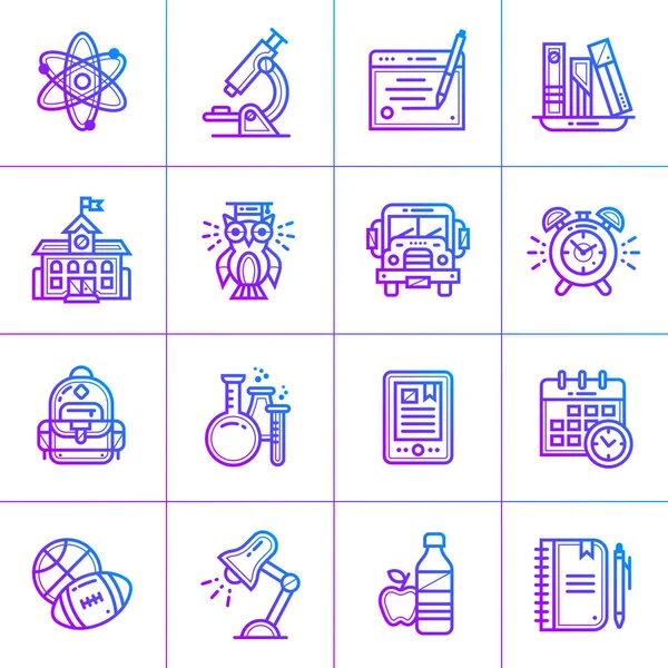 Overzicht kleurovergang pictogrammenset van school. Materiaalontwerp pictogram suitab — Stockvector