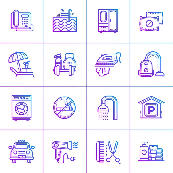 Outline gradient icon set of hotel services. Material design ico — Stock Vector