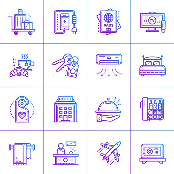 Esquema del conjunto de iconos de gradiente de los servicios del hotel. Material diseño ico — Vector de stock