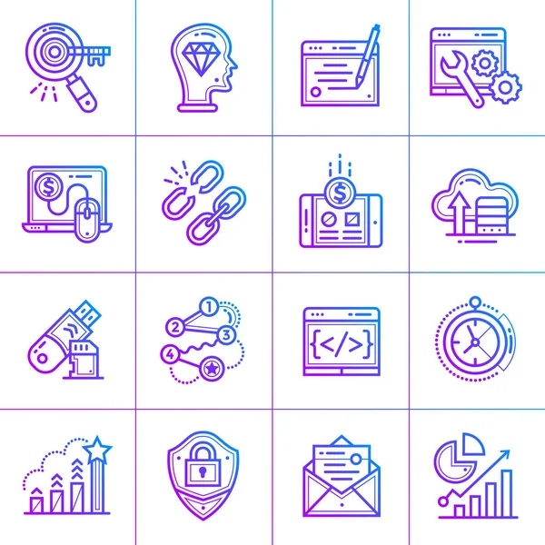 Conjunto de iconos de gradiente de esquema de seo. Icono de diseño de material adecuado — Vector de stock