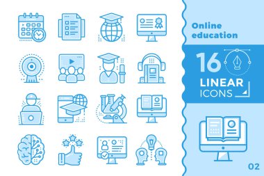 Online Eğitim ve e-öğrenme vektör simgeler kümesi. P için uygundur.