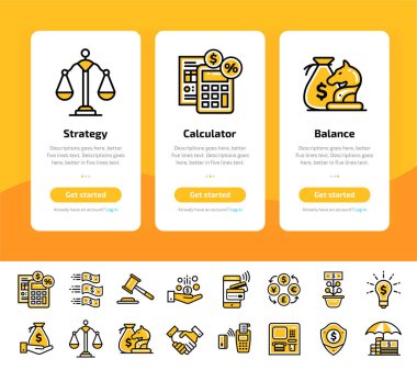 Onboarding app ekranları finans, bankacılık simgeleri ayarlayın. Uygun f
