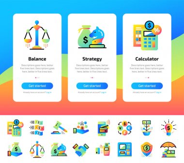 Onboarding app ekranları finans, bankacılık simgeleri ayarlayın. Uygun f