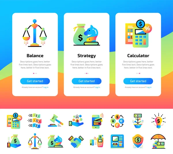 Onboarding telas de aplicativos de finanças, conjunto de ícones bancários. Adequado —  Vetores de Stock