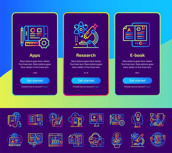 Ορίστε Onboarding app οθόνες της εκπαίδευσης e-learning εικονίδια. Su — Διανυσματικό Αρχείο