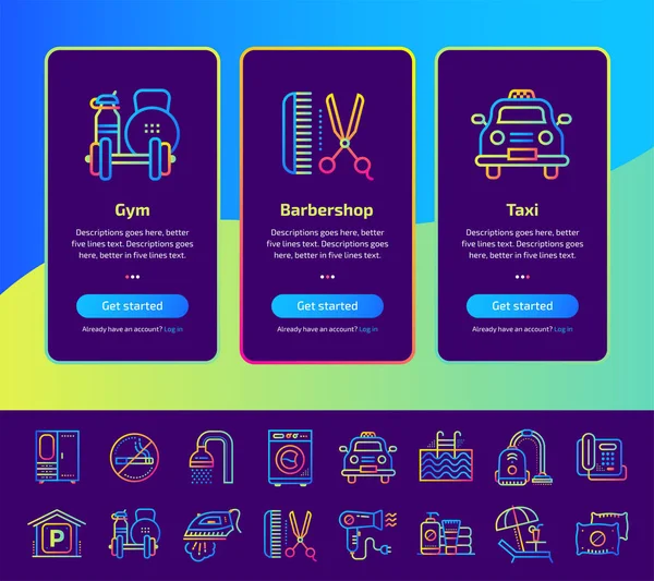 Ecrãs de aplicativos de integração de ícones de serviços hoteleiros. Apropriado para —  Vetores de Stock