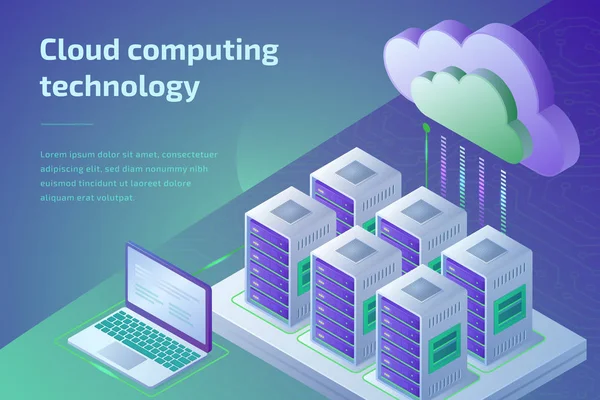 Technologie informatique en nuage et concept de salle de serveurs. Page de débarquement — Image vectorielle