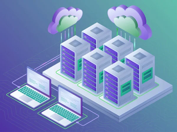 Tecnologia de computação em nuvem e conceito de sala de servidor. Página de aterragem —  Vetores de Stock
