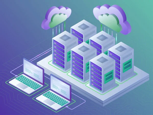 クラウド ・ コンピューティング技術とサーバー ルームのコンセプト。リンク先ページ — ストックベクタ