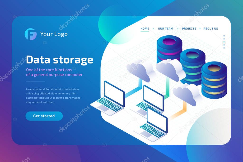 Cloud data storage and cloud storage concept. Landing page templ