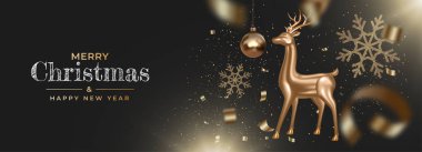 Gerçekçi altın geyikler, konfetiler, süsler, kar taneleri olan mutlu yeni yıl afişleri. Koyu arkaplanda şenlik dekorasyonu. 