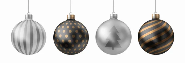 Merry Christmas and Happy New year. Realistic 3d set of gold, silver Xmas balls with lines, dots pattern. — Stock Vector