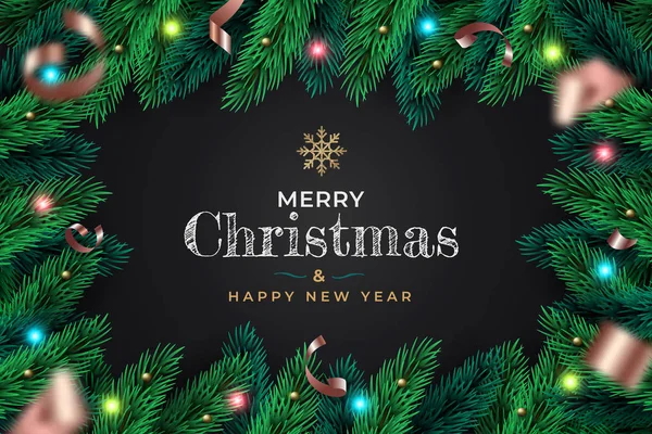 Realistische Merry Christmas Wreath frame achtergrond. Kerst decoratieve dennen takken, confetti, gouden ballen. — Stockvector