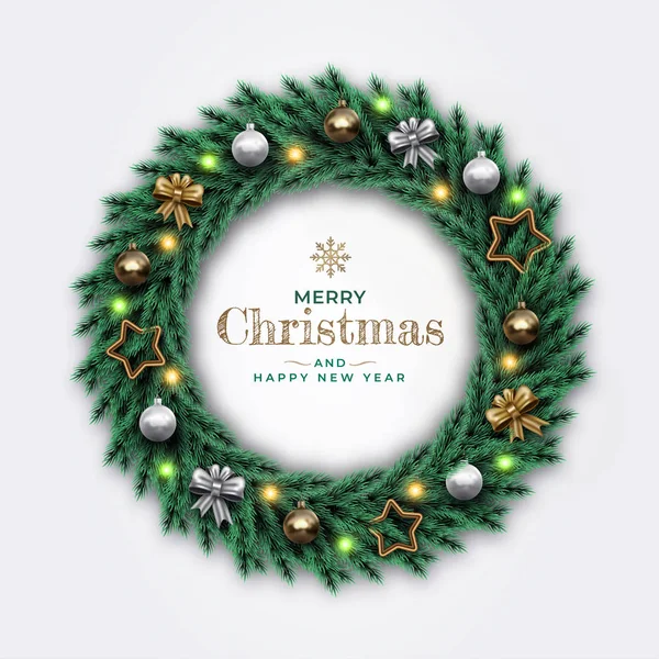 Realistische Merry Christmas Wreath met sterren, linten, gouden en zilveren ballen. Gelukkig Nieuwjaar Decoratieve dennentakken. — Stockvector