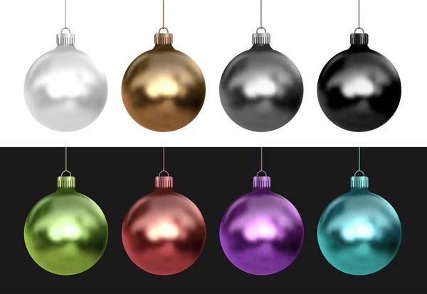 Gelukkig Nieuwjaar en Vrolijk Kerstfeest. Realistische set van kleur kerstballen. — Stockvector