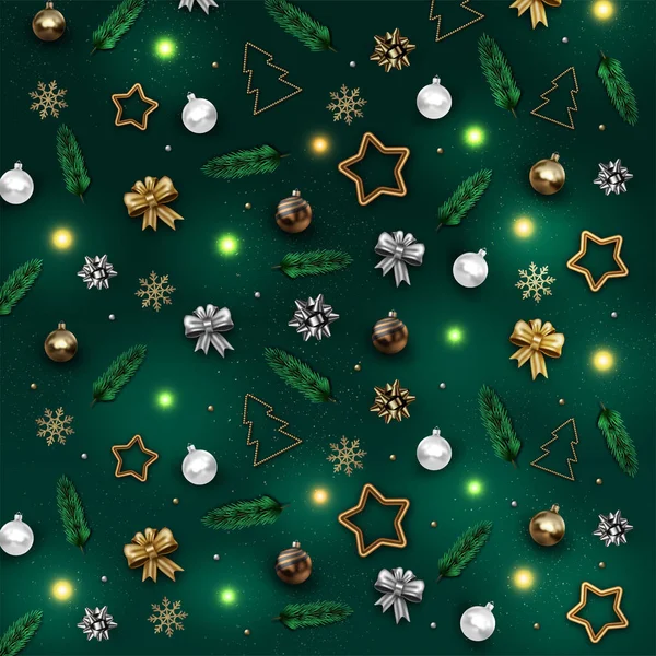 Feliz Año Nuevo y Feliz Navidad. Decoración realista del patrón de Navidad con estrella de oro, bola, cintas, ramas de pino . — Vector de stock