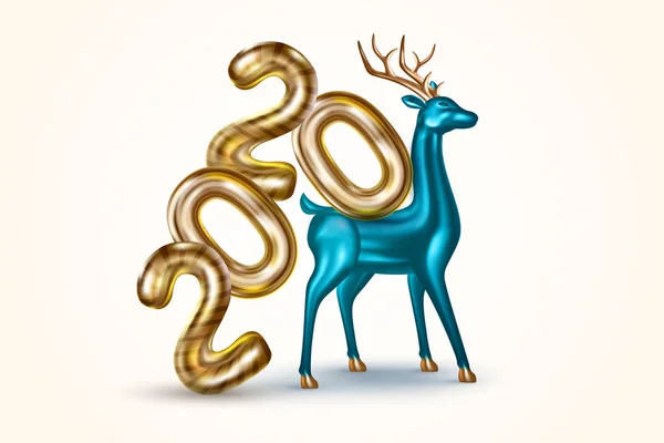 Feliz Año Nuevo y Feliz Navidad. Banner de concepto festivo con ciervos 3D realistas y texto dorado 2020. Fondo de Navidad con renos verdes . — Vector de stock