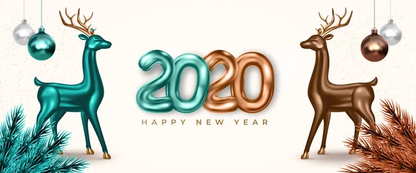 Feliz Año Nuevo y Feliz Navidad. Banner festivo con ciervos 3D realistas y texto 2020. Verde Navidad metálico con reno de oro . — Vector de stock