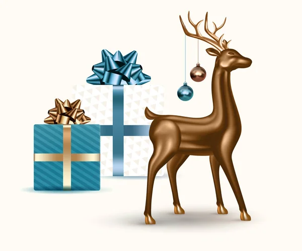 Feliz Año Nuevo y Feliz Navidad. Ciervo realista de cristal 3d, bolas de Navidad y regalos . — Vector de stock