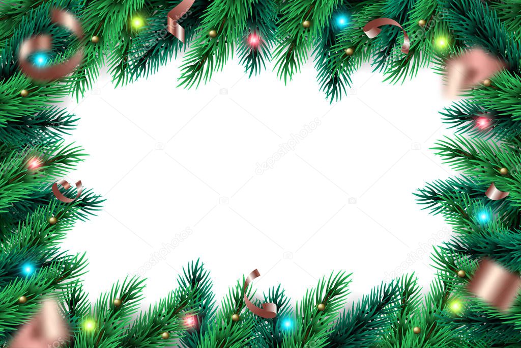 Merry Christmas Wreath frame background. Background with realistic pine branches, confetti, golden balls.  