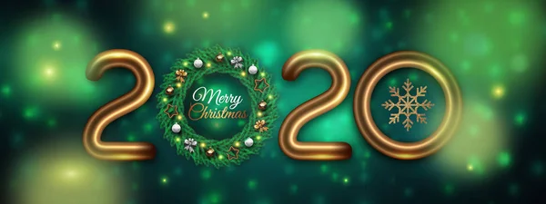 Gelukkig Nieuwjaar 2020 Feestelijke Groene Achtergrond Met Gouden Cijfers Kerstkrans — Stockvector