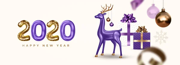 Feliz Año Nuevo Feliz Navidad Banner Festivo Con Ciervos Vidrio — Vector de stock