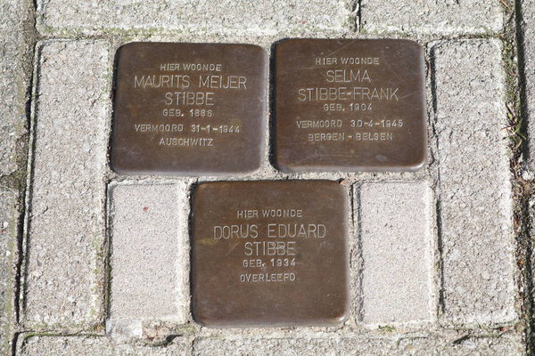 AMSTERDAM, North Holland, The Netherlands - 18 march 2018: stumbling stone in Amsterdam street to remember the victims of the extermination by the nazis during the second world war.