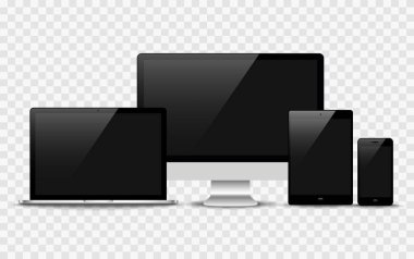 Gerçekçi vektör. Aygıt seti: dizüstü, tablet ve telefon şablonunu izle