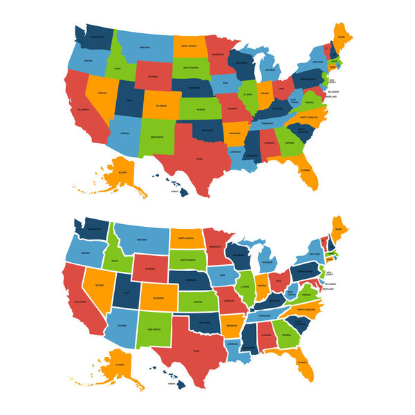 Красочная карта США со штатами. Векторная иллюстрация
