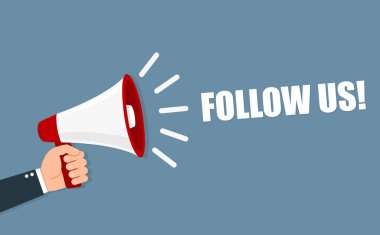 Hand holding a Megaphone. Follow us
