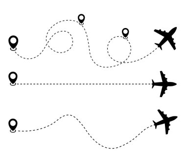 Beyaz arkaplandaki uçak ve iz simgesi. Vektör illüstrasyonu