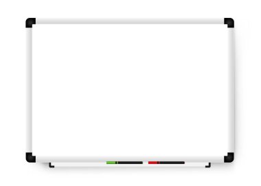 Beyaz arka planda boş beyaz işaret tahtası. Gerçekçi ofis Whiteboard. Vektör illüstrasyonu