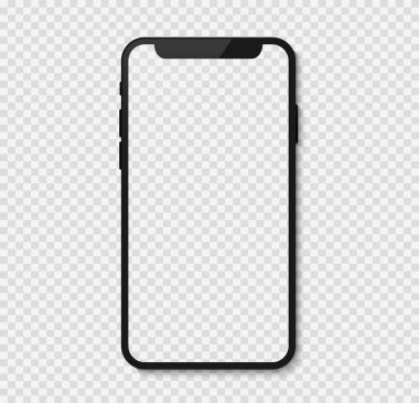 Black smart phone isolated on transparent background, smartphone blank screen, phone mockup, vector illustration.
