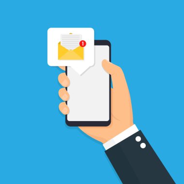 Akıllı telefon ekranında yeni mesaj var. Vektör illüstrasyonu.