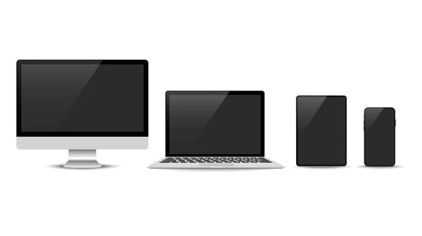 Realistische vector. Apparaat set: monitor laptop, tablet en telefoon sjabloon — Stockvector