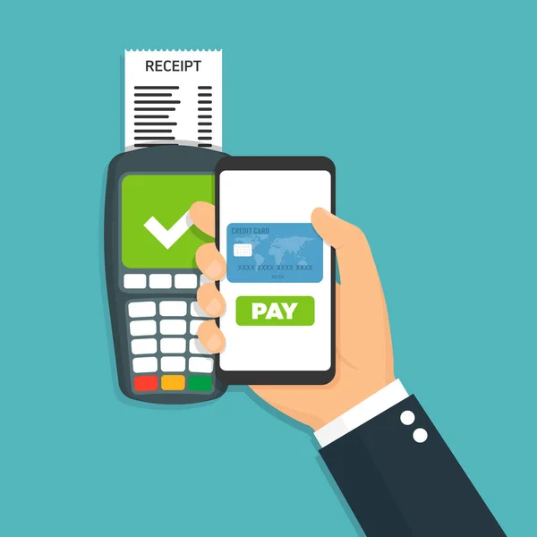 Pos terminal confirms the payment by smartphone Vector illustration. — Stok Vektör