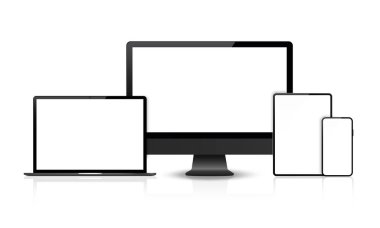 Gerçekçi vektör. Aygıt seti: dizüstü, tablet ve telefon şablonunu izle