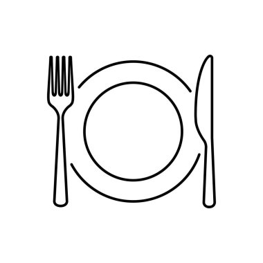 Plate, knife, spoon and fork line icon. Vector illustration