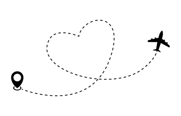 Herz-Flugzeug-Route. Flugzeug und Gleissymbol auf weißem Hintergrund. Vektorillustration — Stockvektor