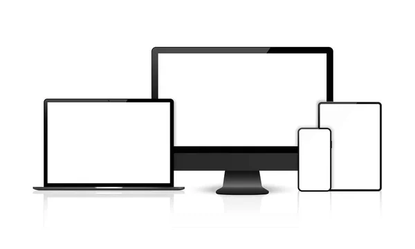 Vector realista. Conjunto de dispositivos: monitor portátil, tableta y plantilla de teléfono — Vector de stock