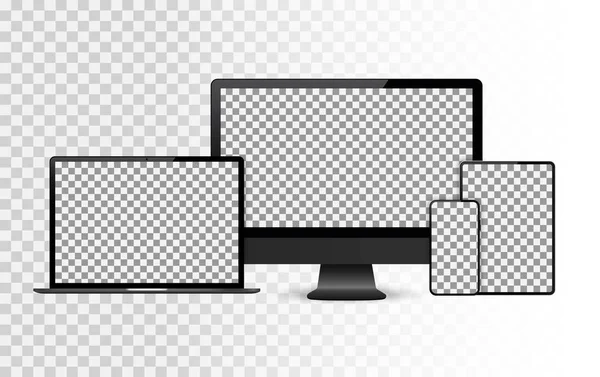 Vector realista. Conjunto de dispositivos: monitor portátil, tableta y plantilla de teléfono — Vector de stock