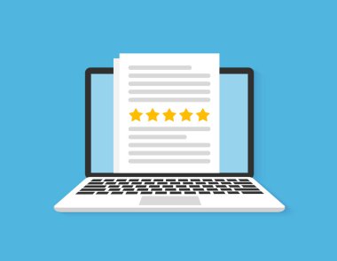 Computer with customer review rating feedback, rating stars icon
