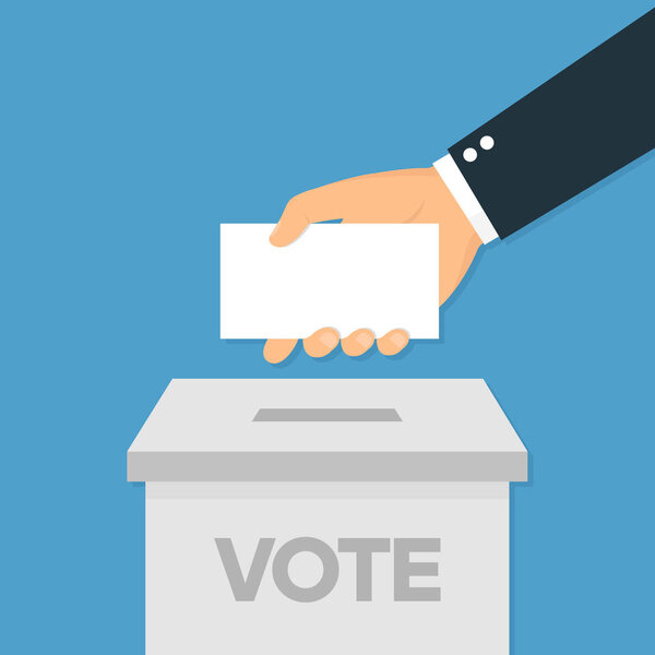 Значок для голосования в плоском стиле руки положить голосование бумаги в коробке
