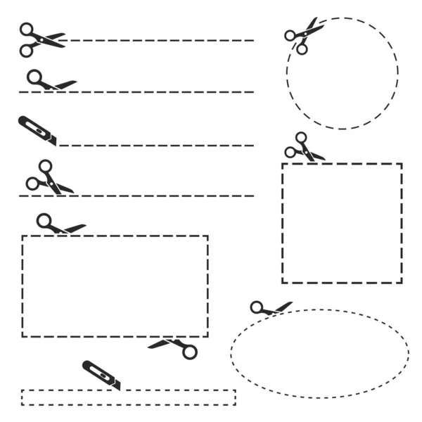 Tijeras Icono Negro Con Líneas Corte Conjunto Ilustración Vectorial — Archivo Imágenes Vectoriales