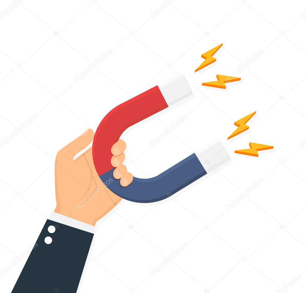 Hand of a businessman with magnet. Vector illustration in a flat