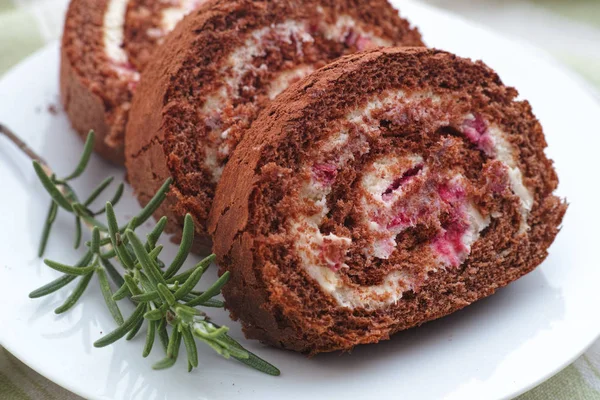 Honey roll with cocoa and raspberries — Stock Photo, Image