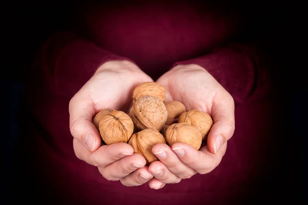 Женщина держит в руках свежие органические грецкие орехи — стоковое фото