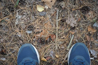 Ormandaki zeminde ayakta spor ayakkabı ayaklarda